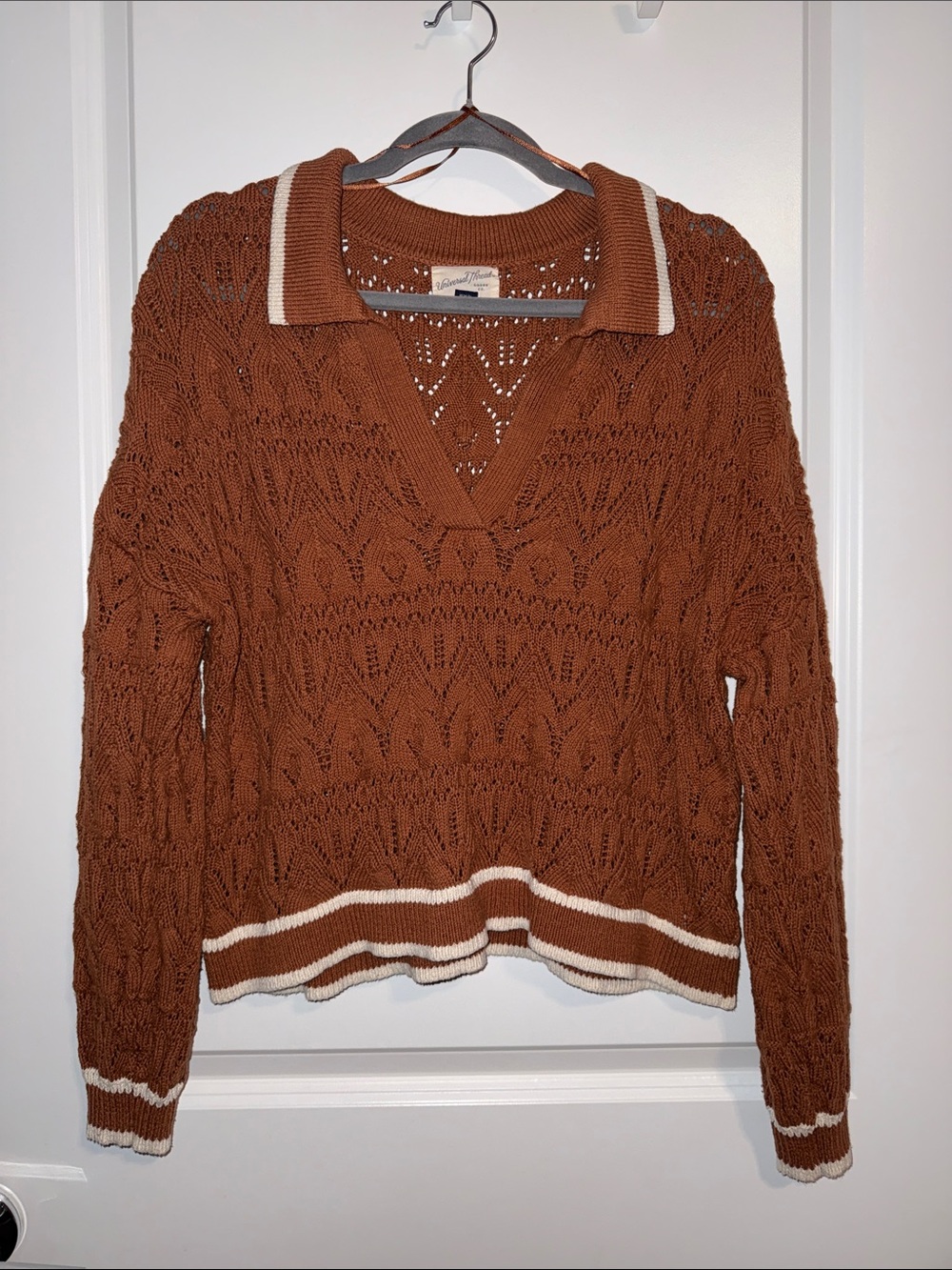 Women's Open-Knit Brown Polo Sweater